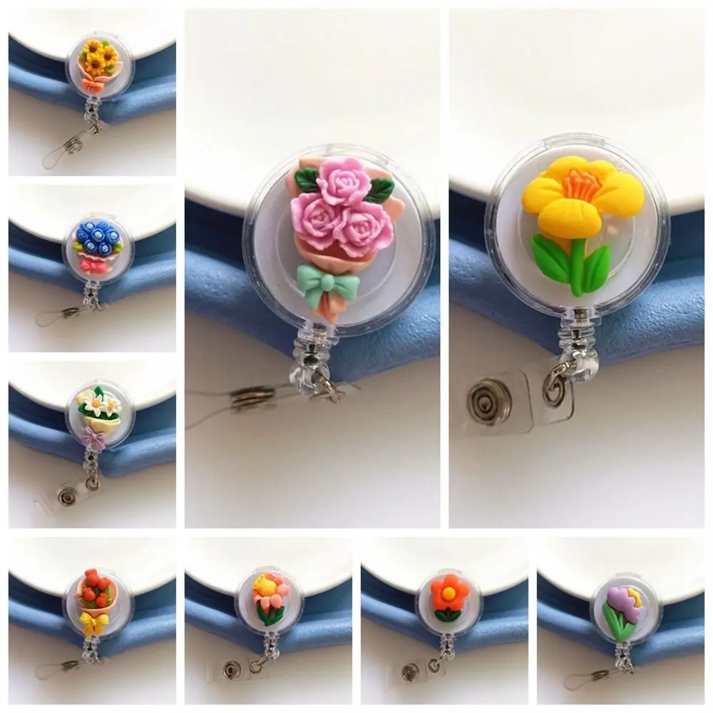 Cartoon Flower Nurse Badge Reel Retractable Chest Card Easy Pull Buckle Resin Exhibition Card ID Card Holder Doctor Students