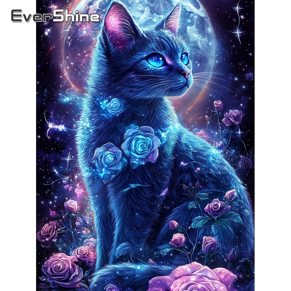 EverShine Diamant-Gemälde, Katzenbild aus Strass, Stickerei, Tier, voller quadratischer Steine, Rose, DIY, Mond, handgefertigtes Geschenk