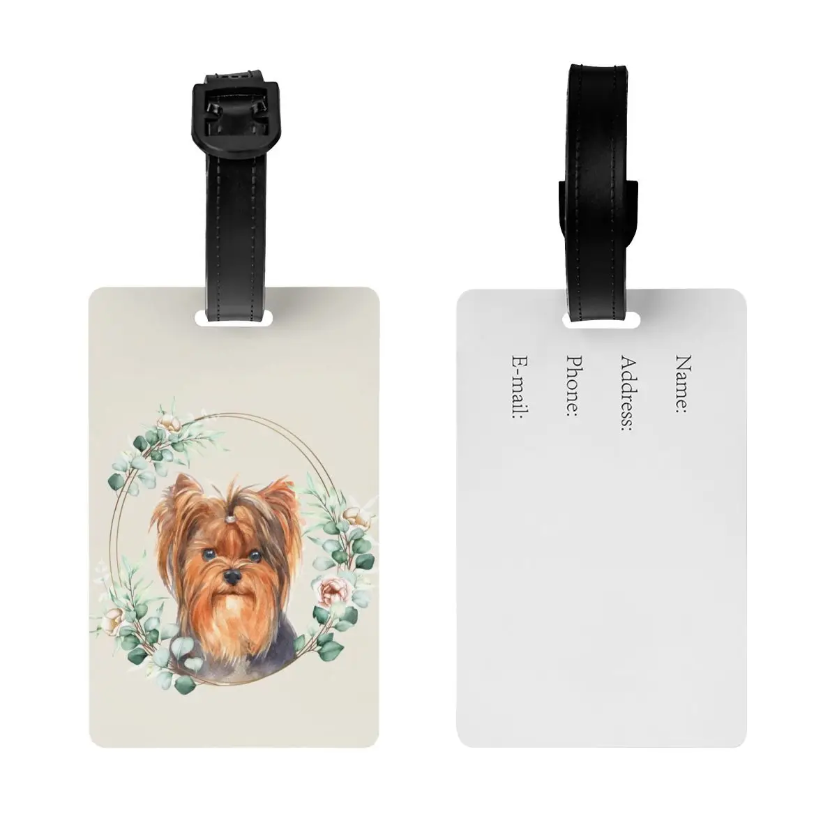 Étiquette de bagage perforée pour valises, Yorkshire Terrier Dog in Floral Gold Wreath, marques de bagages pour amoureux des animaux de compagnie, nom de couverture, carte d'identité