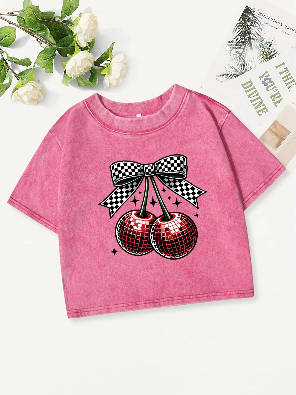 

Street Cotton Crop Tops Womens Bow Cherry Creative Printing Washed T-Shirts Sexy O-Neck Regular Fit Streetwear Summer Clothes
