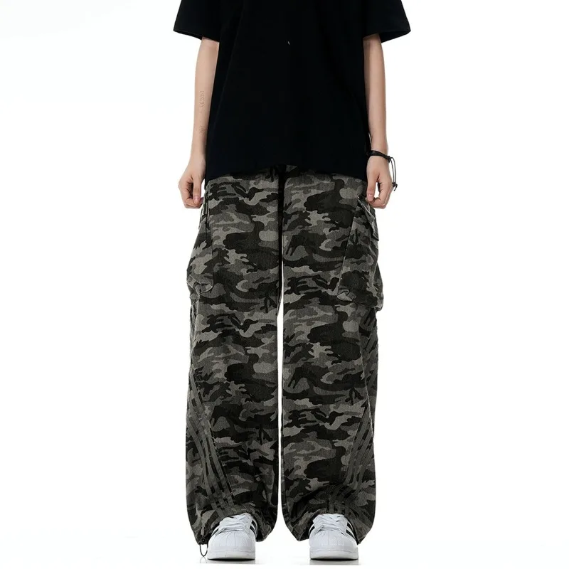 أو FL الأمريكية الرجعية واسعة الساق التمويه 100 القطن المرأة البضائع السراويل العصرية العلامة التجارية غسل مع المياه Staraight التمويه السراويل