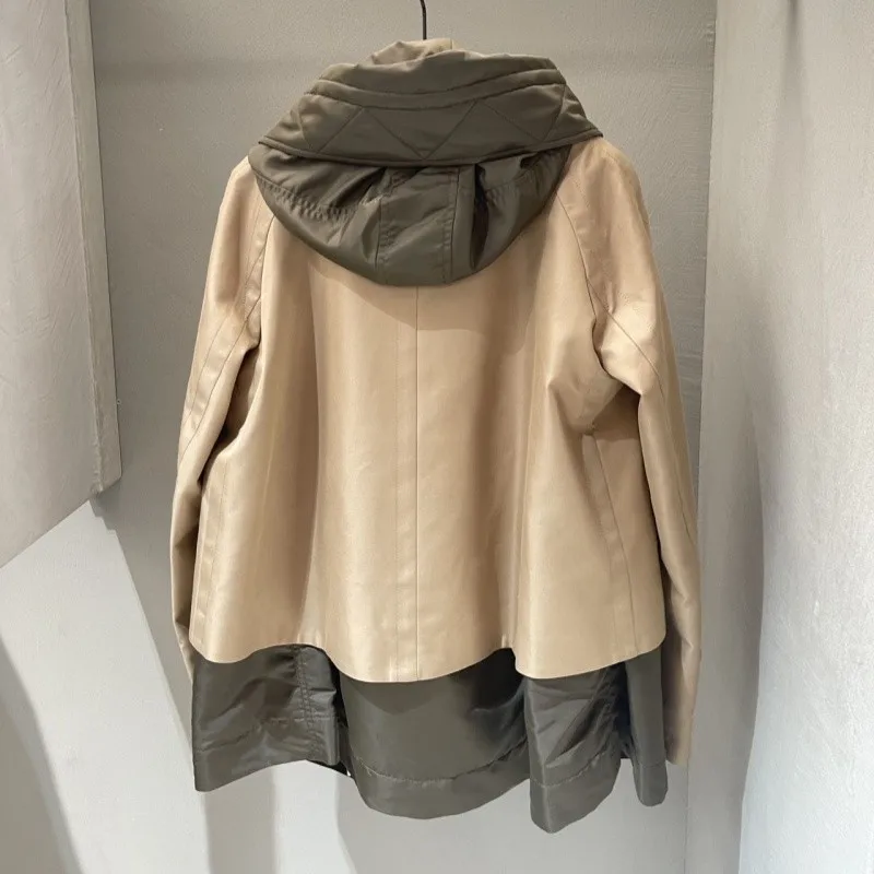25 Autumn/Winter New Style Patchwork Contrasting Color Hooded Windbreaker Coat Loose Patchwork Casual Top Women's Trendy Item