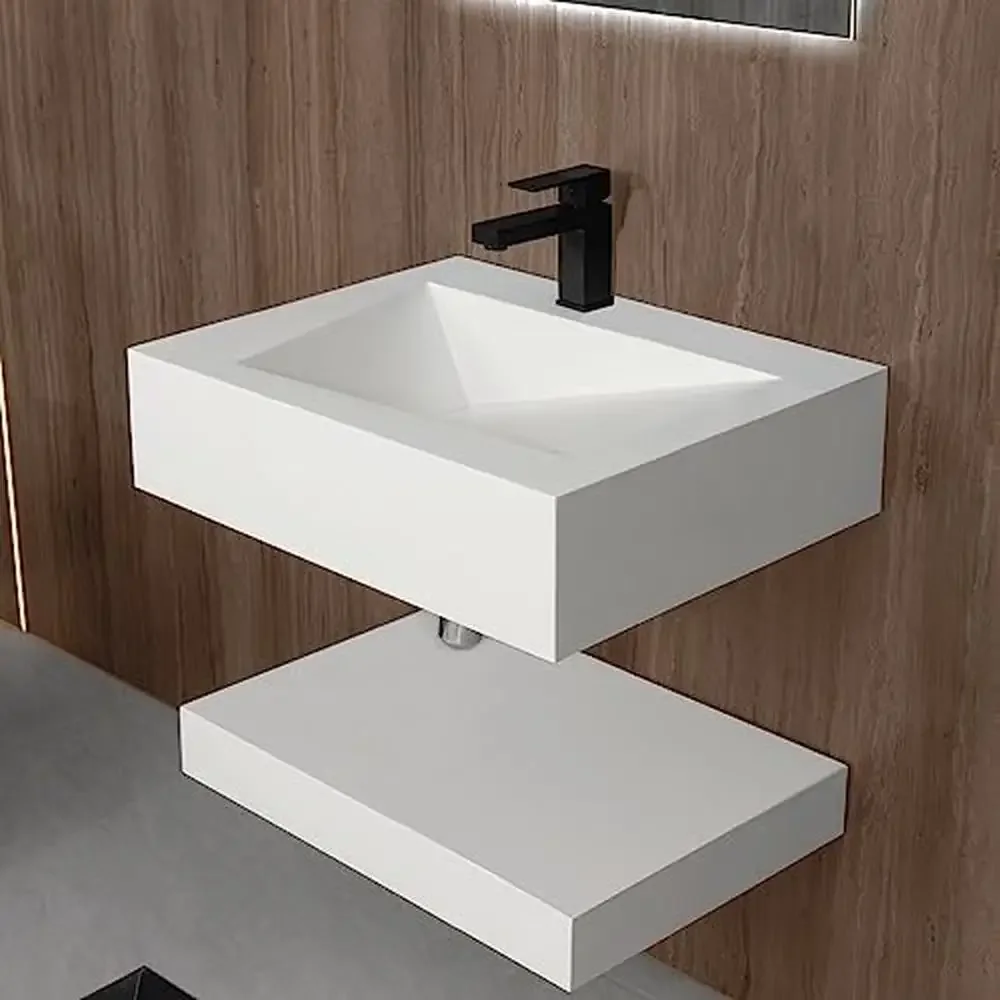 Lavabo de baño Rectangular de montaje en pared moderno, juego de estantes de tocador flotantes, lavabos de recipiente de resina de piedra, desagüe blanco suave