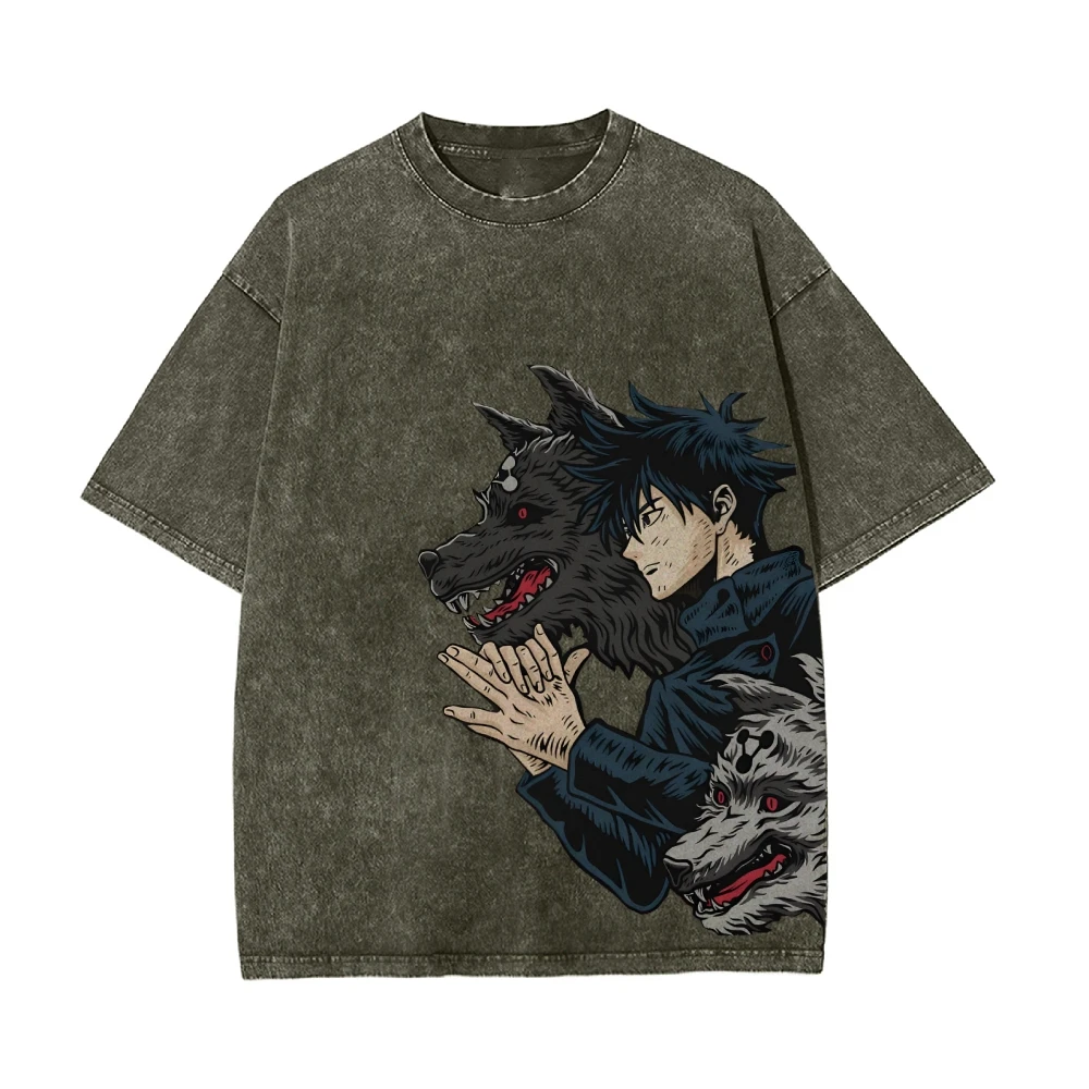 Japanse Anime-Stijl Jongens En Wolf Print Dames T-Shirt Unisex Losse Wash Denim Korte Mouw Vintage Harajuku Stijl Top Tees