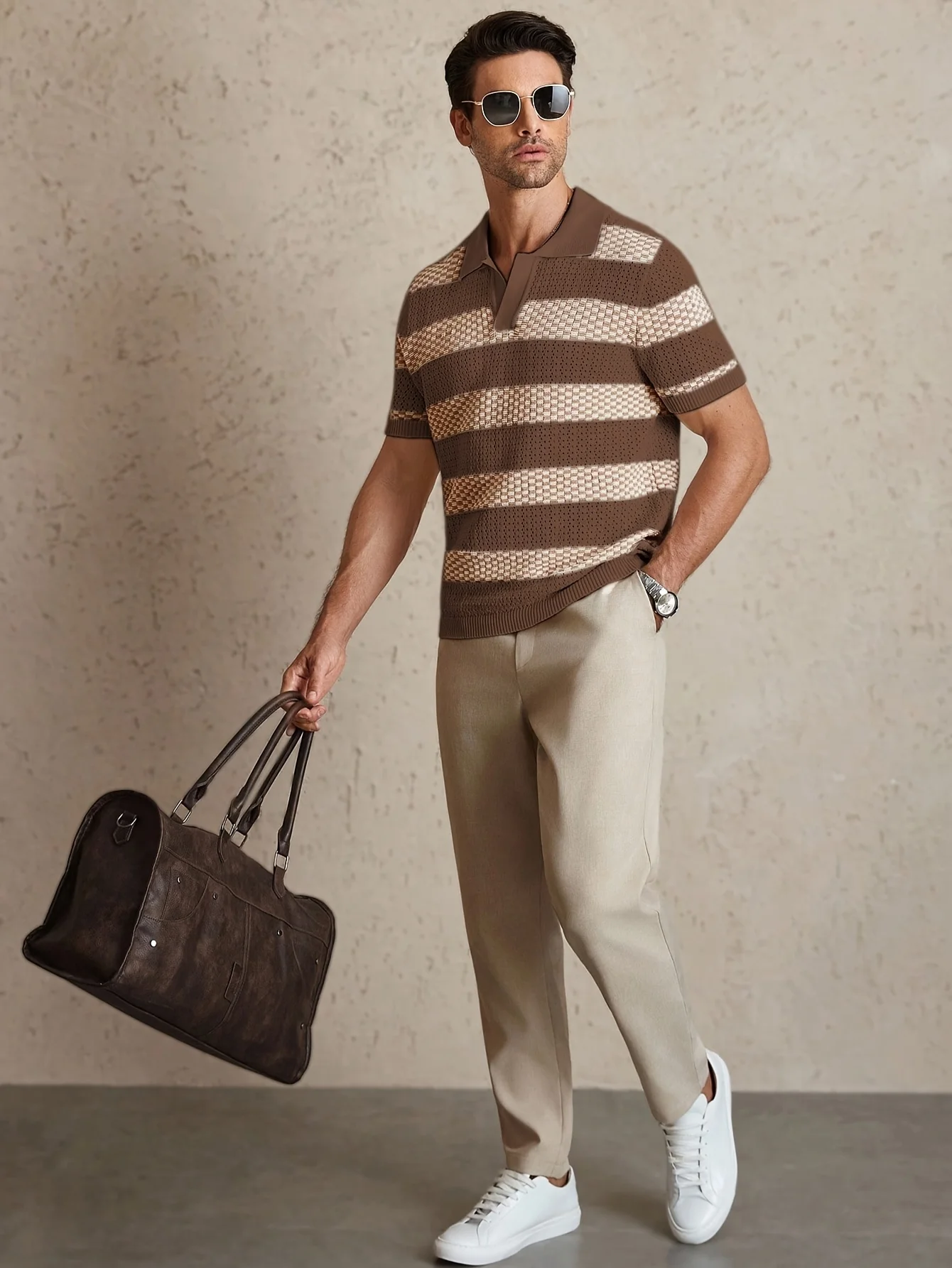 Tägliche Freizeit-Herren-Strickpolohemden 2026 Sommer Mode Gestreifte Kontrastfarben Strickpullover Herren Stilvolle Umlegekragen-Oberteile – Detail 12