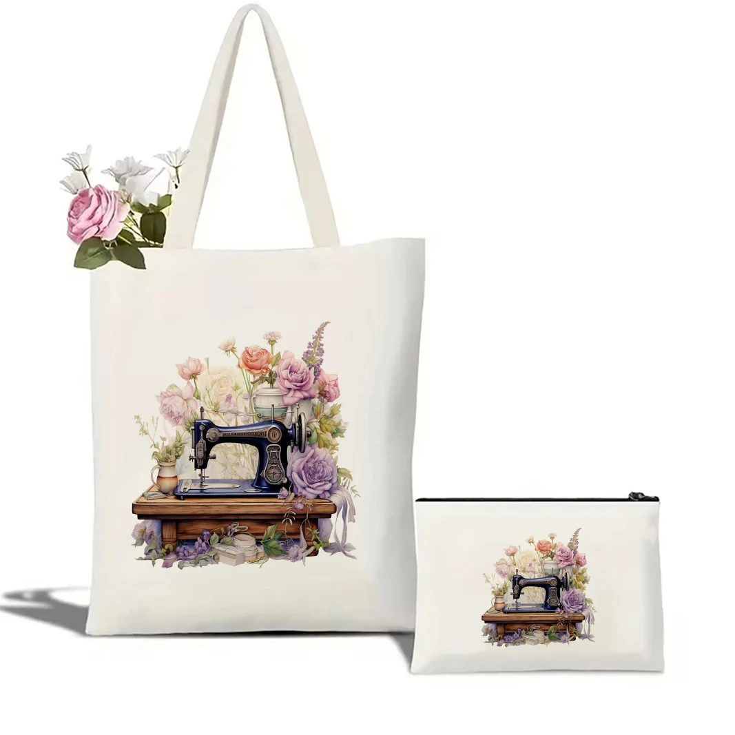 ماكينة خياطة ريترو وحقيبة حمل قماشية بتصميم زهور حقيبة عصرية وعملية للتنقل اليومي والتسوق والدراسة هدية