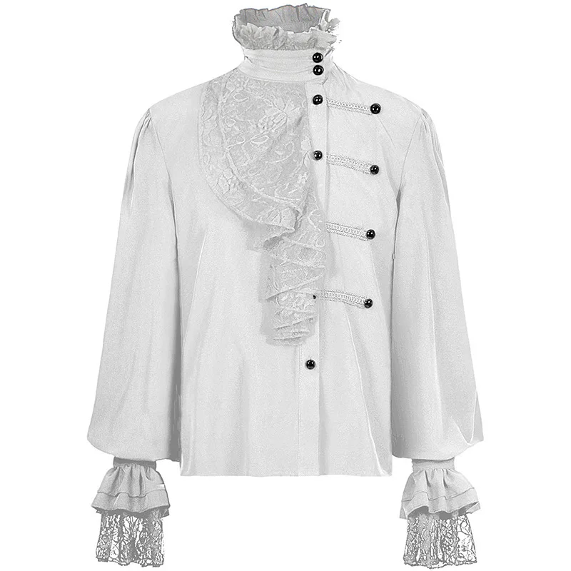 Men's Gothic White Black Shirts And Blouses Tops Retro Victorian Medieval Lace Ruffles Stand Collar Puff Sleeve Shirt Clothing