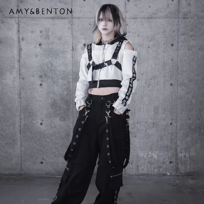 Japanese Harajuku Mine Series Strap Buckle Off-Shoulder Hoodies Women Subculture Gothic Splicing Color Short Sweatshirt Women