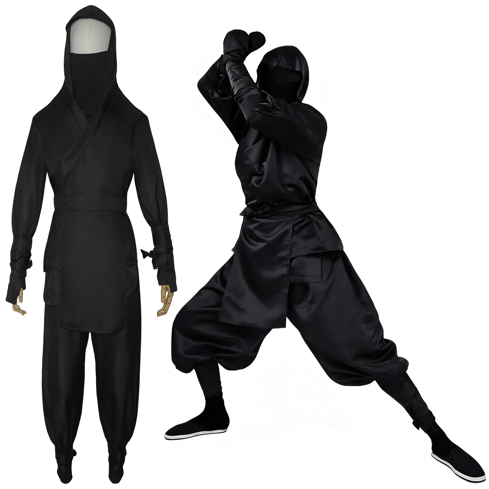 Japanese Ninja Roleplay Costume Adult Samurai Fantasy Kimono Hooded Black Uniform Halloween Carnival Party Assassin Outfit