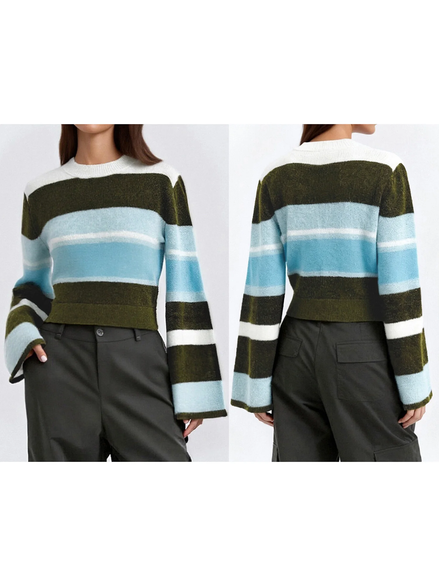 سترة نسائية محبوكة بألوان متعددة مع ياقة مدورة وأكمام واسعة لأزياء الشتاء الأنيقة