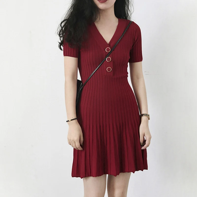 Gaun Kasual Berlipat Kancing Slim Fit A-Line Gaun Rajutan Fashion Wanita Lengan Pendek V-Neck Gaun Lipit Vestido Lengan Pendek