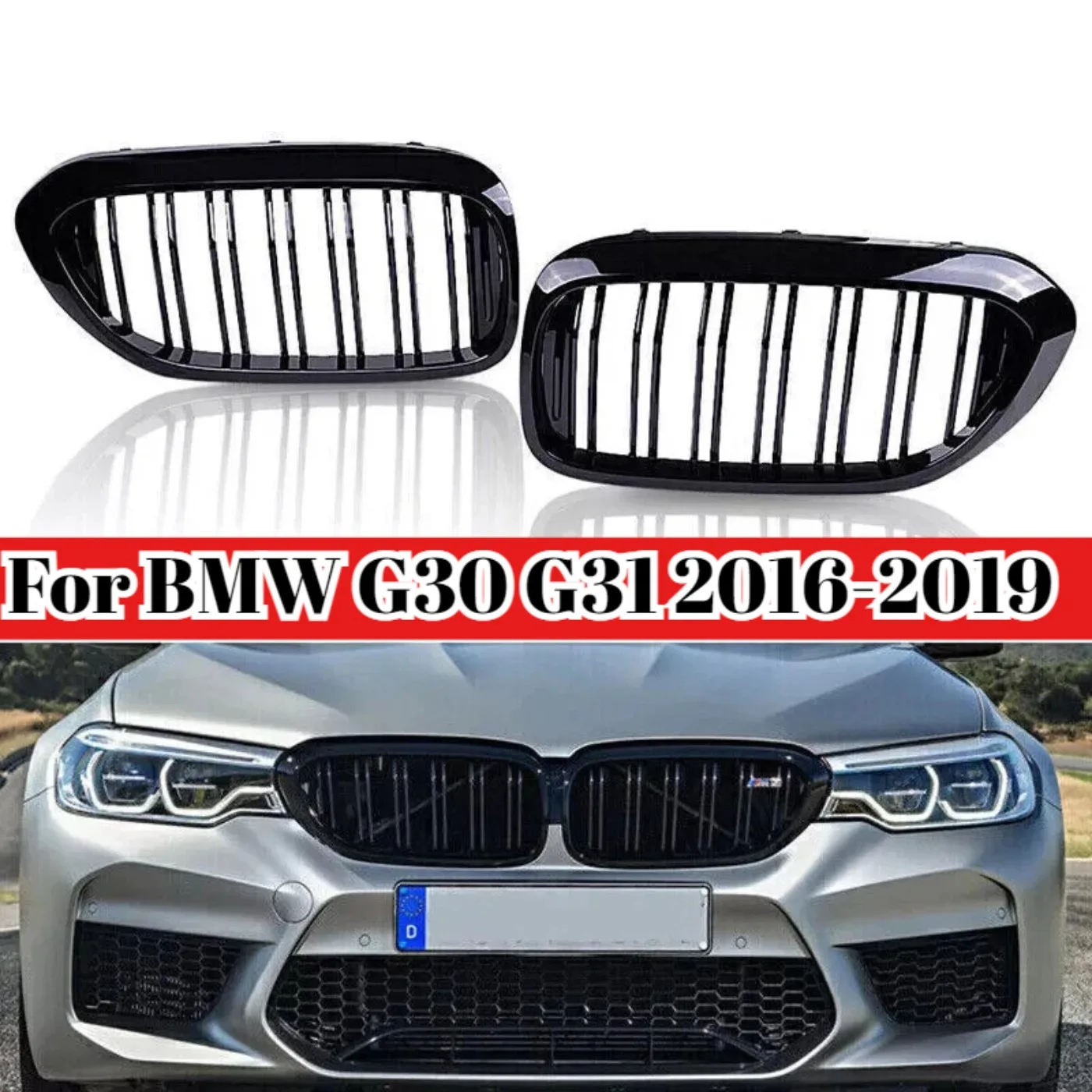 Car Front Bumper Grill ABS 2-Slat Gloss Black Carbon Fibre Look Front Kidney Grille For BMW 5 Series M5 G30 G31 520i 530i 540i