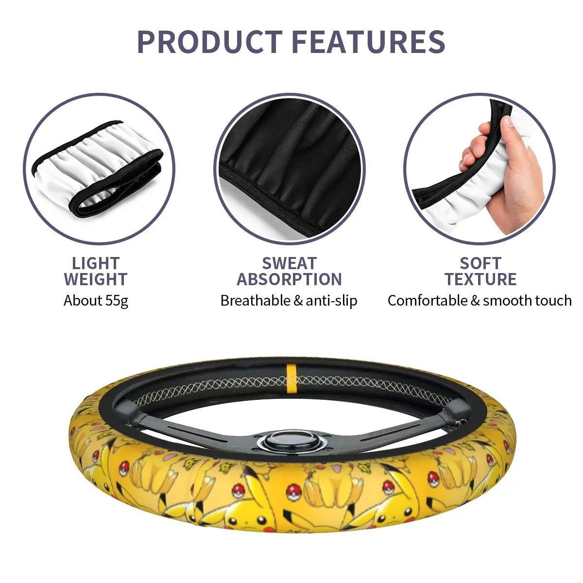 Custom 38cm B-Bikachus Steering Wheel Cover Auto Car Steering Wheel Protector for SUV Car Accessories Universal 14.5-15 Inch view 6
