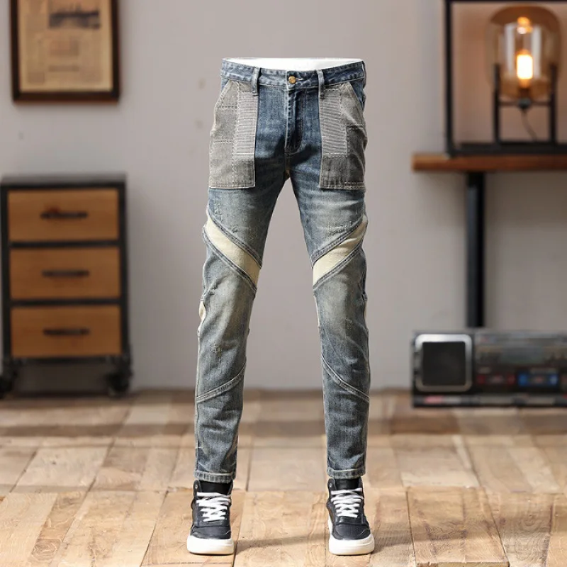 Celana ketat pria, modis, desain jahitan, celana Jeans sepeda motor jalan, celana kurus ketat