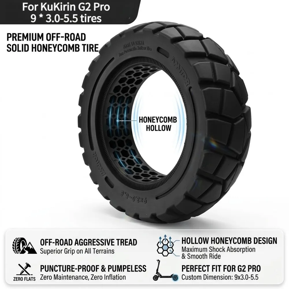 

Для электросамоката KuKirin G2 Pro: внедорожная утолщенная вакуумная внешняя шина 9*3.0-5.5 и цельная амортизирующая шина с сотовой структурой