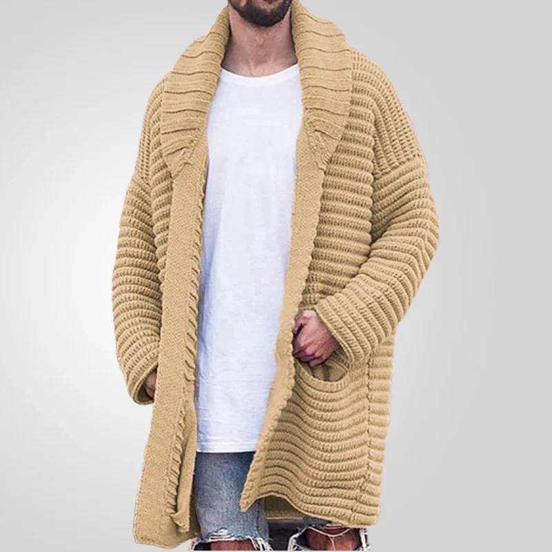 Mid Length Cardigan Men Sweaters Thick Coat Turn Down Collar Full Sleeve Knit Solid Coats Casual Loose Open Stitch Autumn Winter