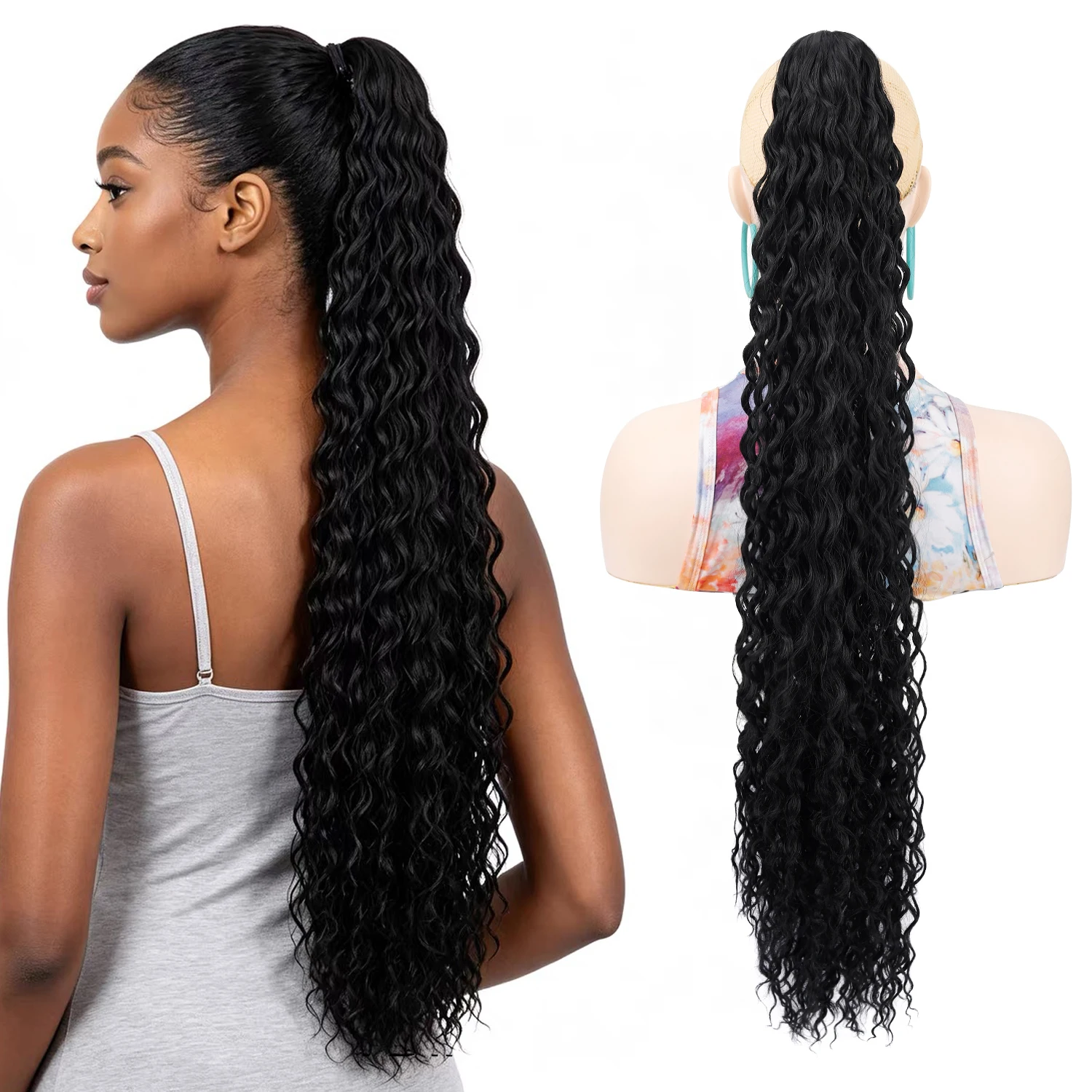 30inch Synthetic Long Deep Curly Ponytail Wig Hair Extensions Claw Wrapped False Clip in Black Horse Tail Hairpiece for Woman