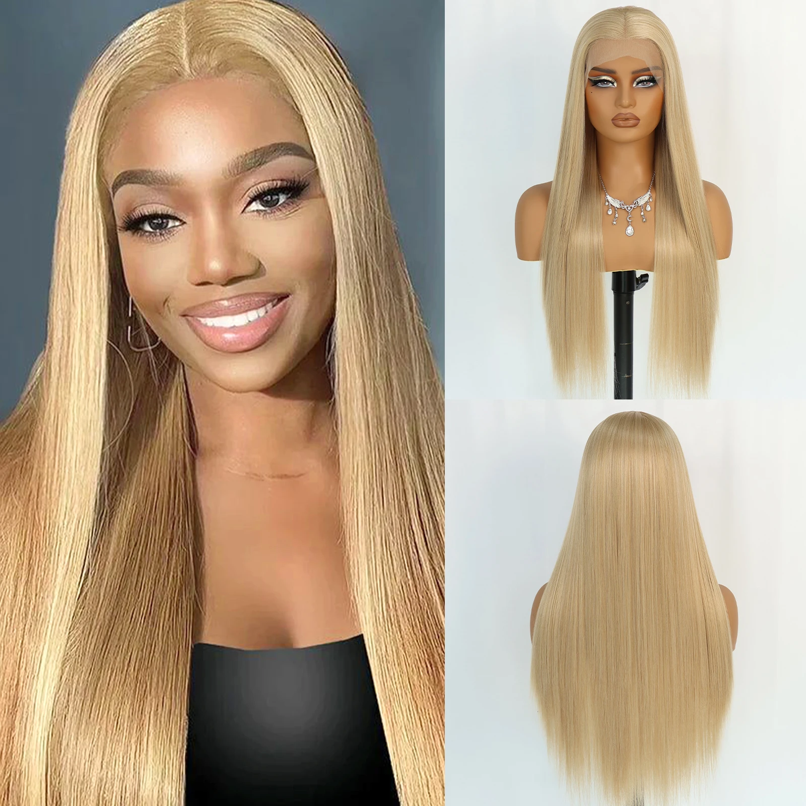 

Aubree Синтетический парик 13*4 Парик фронта шнурка золотистого цвета Длинный прямой 28 дюймов 180% Плотность Качественный парик Бесклеевой для ежедневного использования