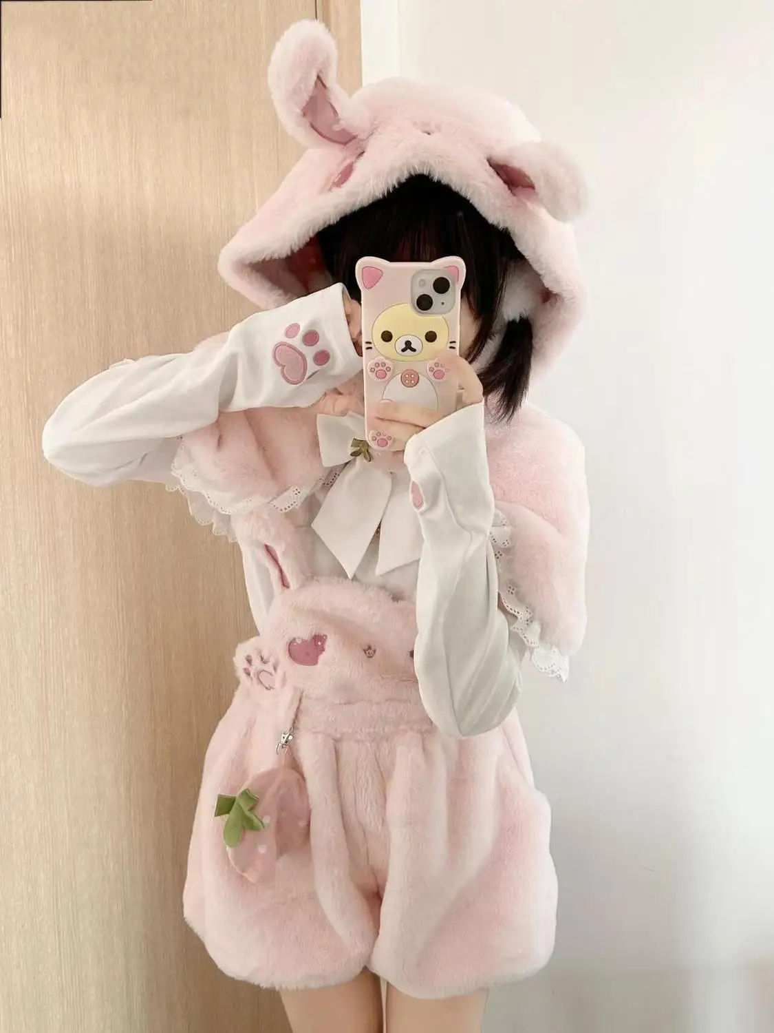 

Japan Girl Sweet Girl Joker Long-Sleeved Blouse Slim Shawl Coat Cute Furry Suspenders Shorts Suit Kawaii