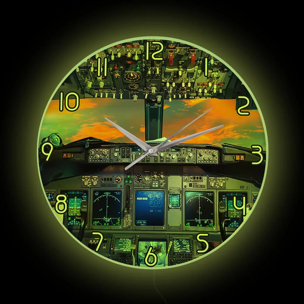 Airplane Cockpit Lighted Wall Clock Pilots Home Decor Aviation Scenery Flight Deck Display LED Backlight Wall Clock Aviator Gift