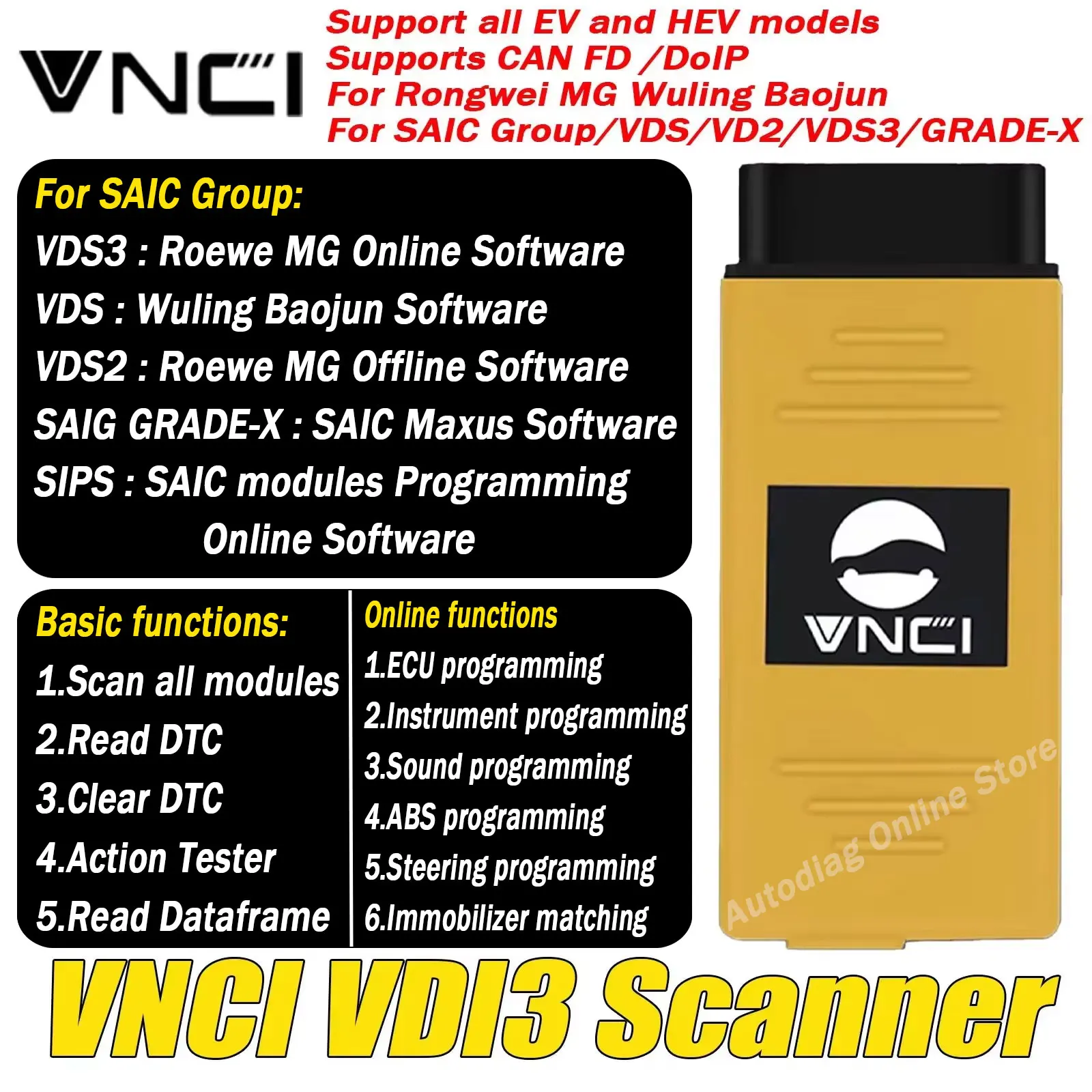 

Сканер VNCI VDI3 OBD2 для Rongwei MG Wuling Baojun с поддержкой DoIP CANFD OBDII, инструмент для диагностики SAIC Group/VDS/VD2/VDS3/GRADE-X VDI3