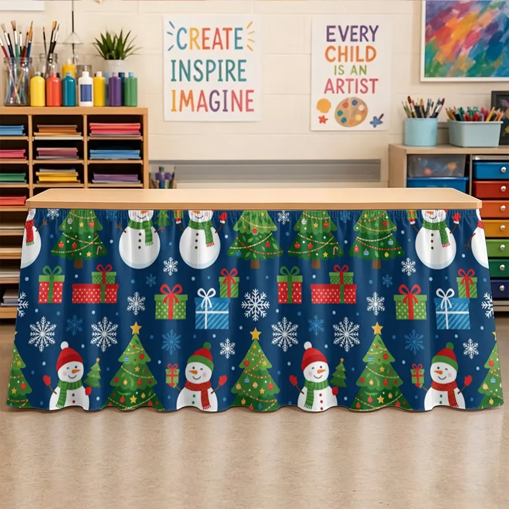 One set of Halloween and Christmas themed party tablecloth, with a dark blue Christmas snowman gift box theme.