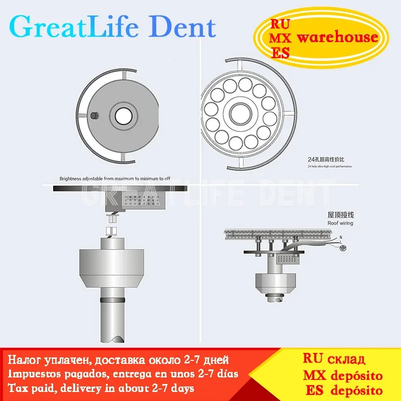 GreatLife Dent 36w 12 Bulbs KWS Pet Surgery Dental Super Brightness Ceiling Surgical Exam Shadowless Lamp Led Light  (90V-240V)