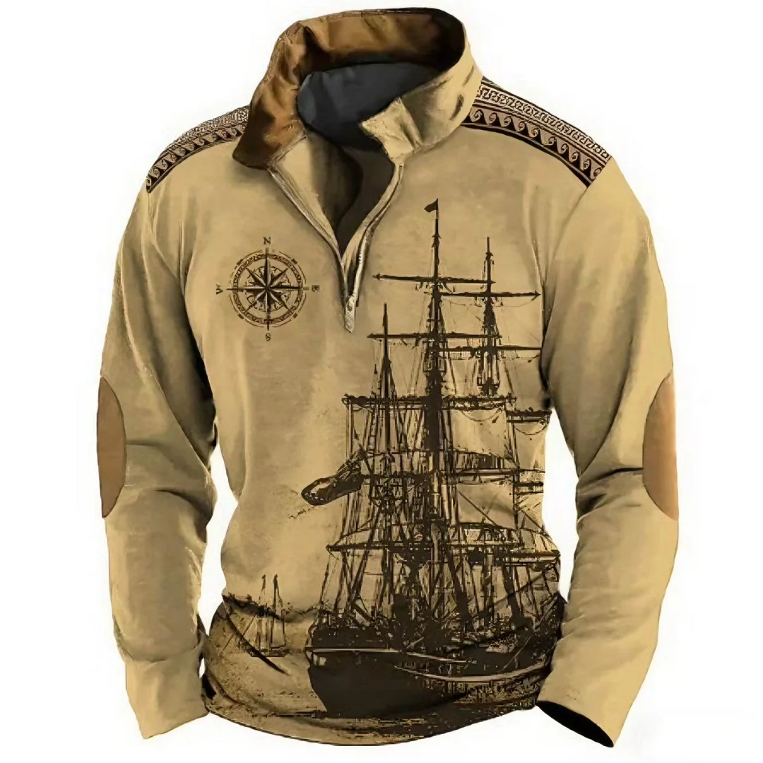 

Fashion Boat Compass Pattern Stand Collar Sweatshirt Vintage Style Printed Men's Half Zip Long Sleeve Tops Autumn Casual Clothes