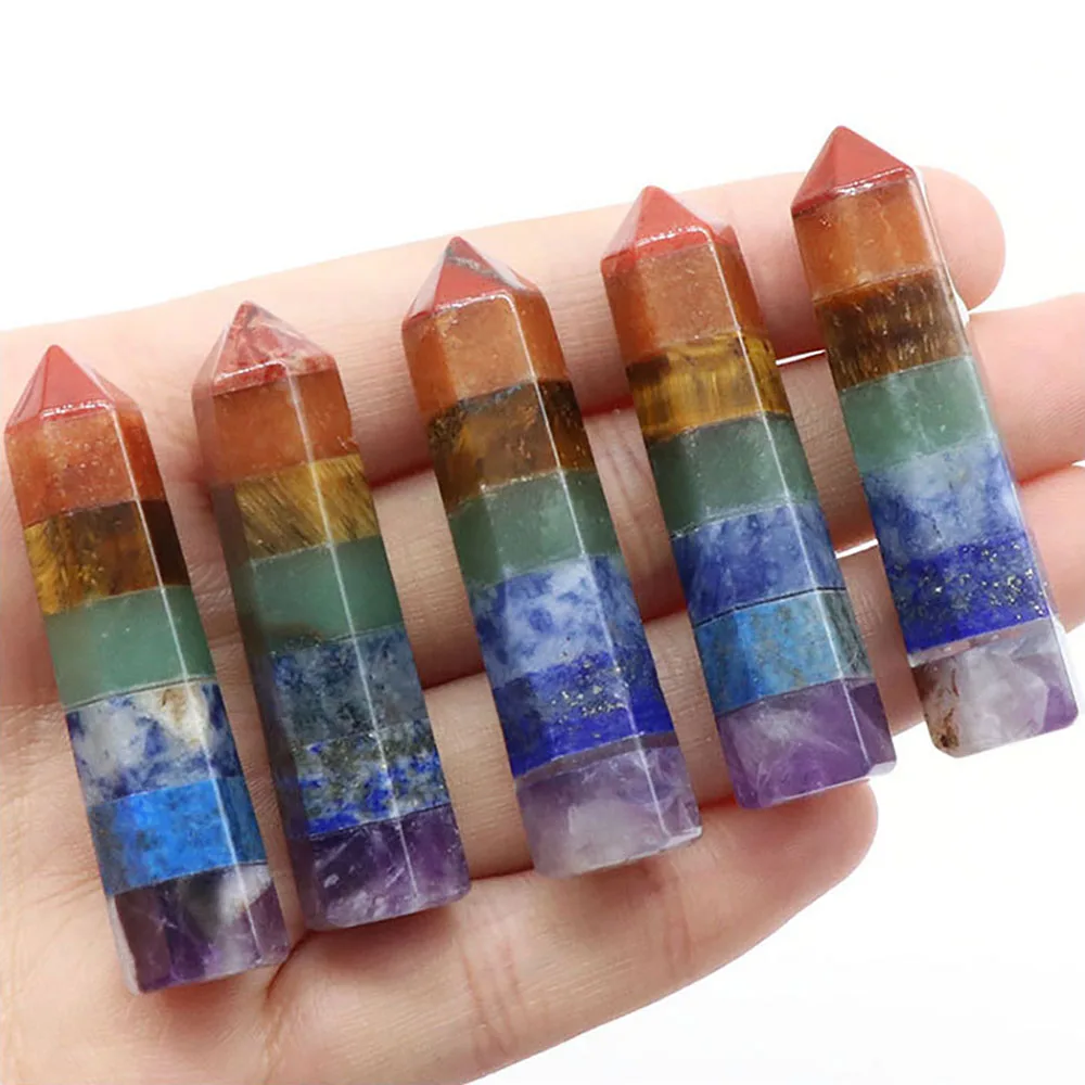 

7 Chakra Hexagonal Column Crystal Wands Point Energy Stone Healing Crystals Quartz Reiki Meditation Balancing Splicing Gemstones