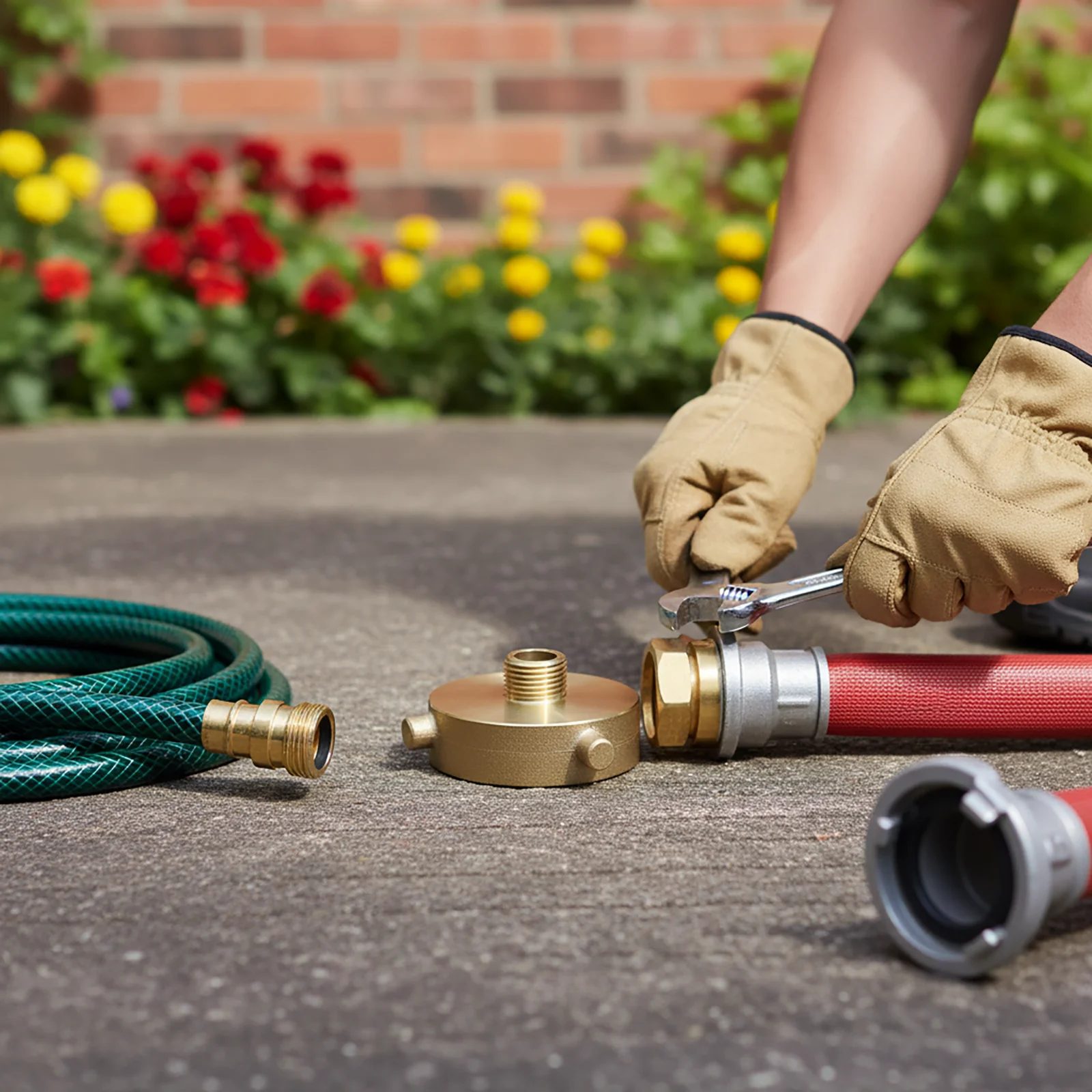 Brass Fire Hydrant Hose Adapter Featuring 2 1/2 NH Female and 3/4 GHT Male Ends with Pin Lug Mechanism for Firefighting Use
