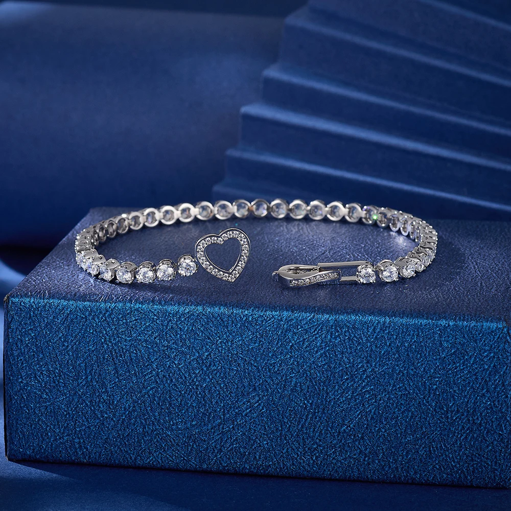 

Браслет-тенниска с застежкой в форме сердца, с цирконами 5А, из родированной меди, женские украшения, подарок на свадьбу, выпускной, День святого Валентина, блестящий дизайн в виде сердца