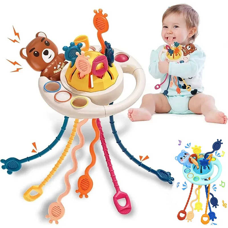Montessori puxar corda atividade brinquedo silicone mordedor brinquedos de viagem para crianças 1-3 sensoriais habilidades motoras finas brinquedos para o presente do bebê