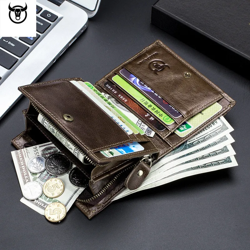 New Brand Genuine Leather Men's Wallet Cowhide Designer Zipper Male Purse Vintage ID Card Holder Luxury Money Bag