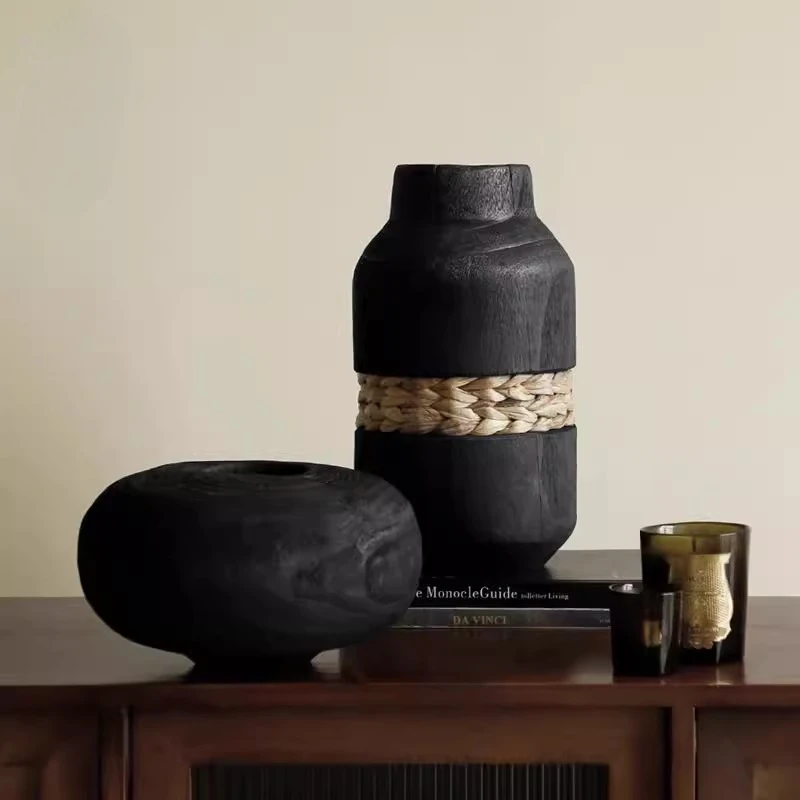 Vintage Flower Arranger Black Charred Wood Vase for Dried Bouquets Decorative Vase for Home Minimalist Aesthetic Flower Vessel