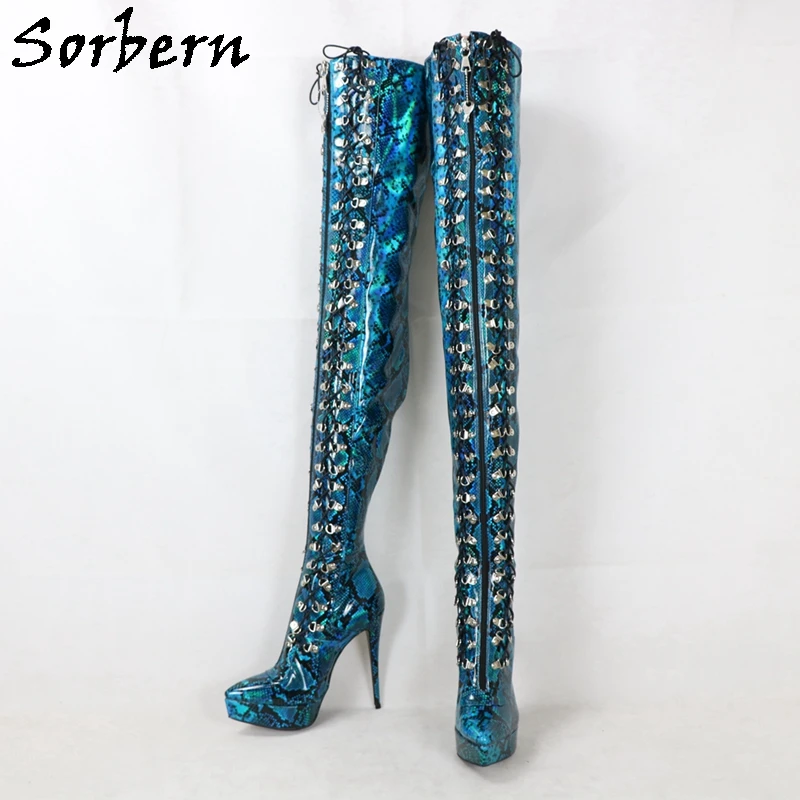 Sorbern Sky Blue Python Women Boots Unisex High Heel Stilettos Platform Lace Up Custom Pointed Toe Drag Queen Shoes