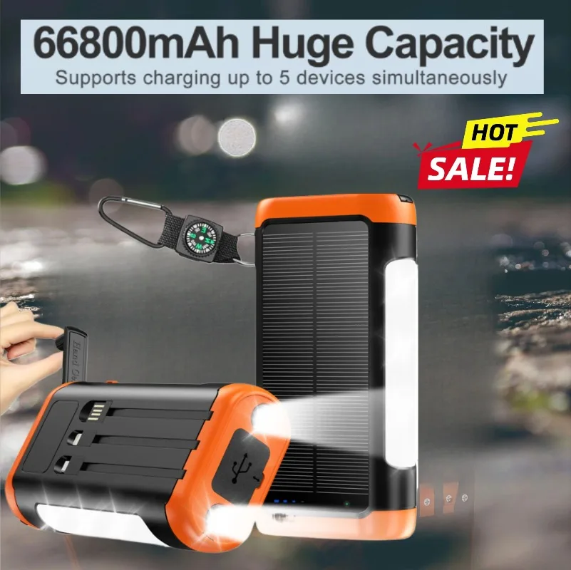 

66800 мАч открытый ручной аккумулятор на солнечной батарее с кабелем для кемпинга Powerbank для IPhone Xiaomi Samsung Poverbank