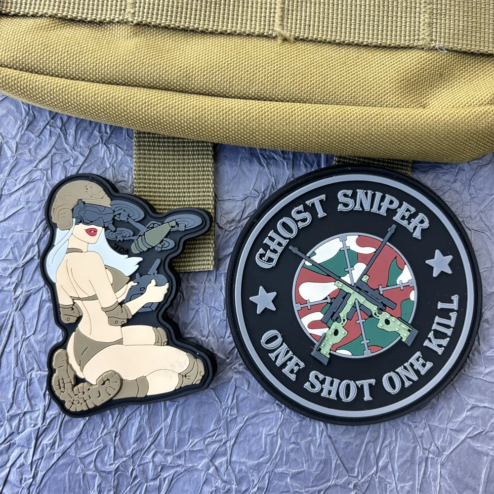 PVC Patch on Clothes GHOST SNIPER Tactical Equipment Military Articles Girl with Gun Stickers Hook and Loop Patches Backpack