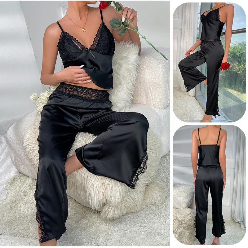 Sexy Pajamas Set V Neck Lace Camisole Elastic Waistband Pants Women\'s Sleepwear Loungewear Elegant Satin Pants Sets Nightwear