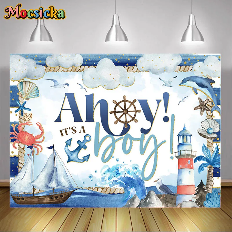 

Mocsicka Ahoy It's a Boy Baby Shower Backdrop Sailor Navigation Rudder Photography Background Boys Welcome Party Decor Photocall