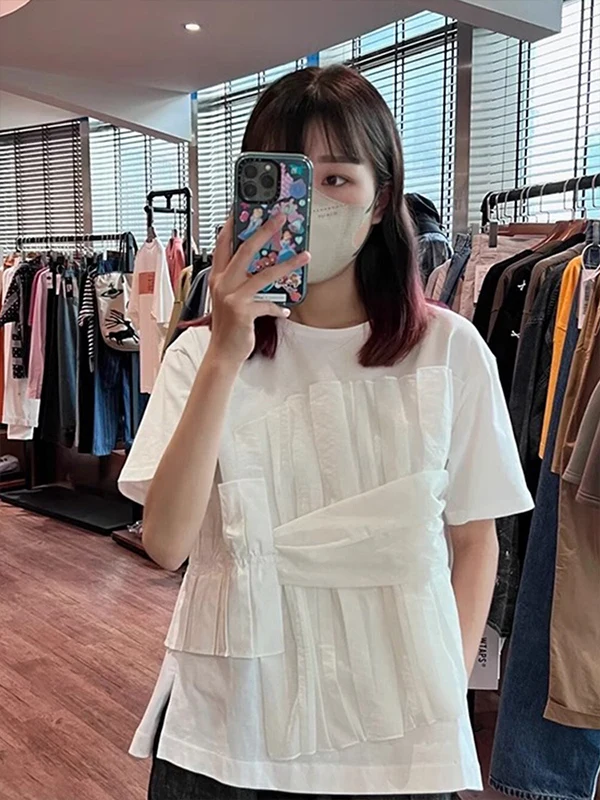 

Faionable Splice White ort Sve футболка женская летняя корейская свободная утягивающая футболка с разрезом повседневная универсальная футболка круглого цвета Ne