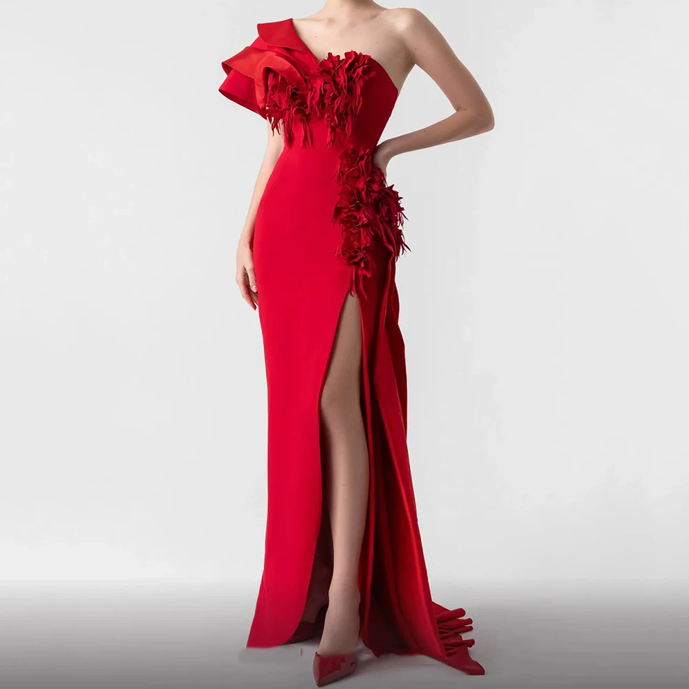 

Red One-Shoulder Evening Dress Women Sleeveless High Slit Formal Gown 3D Flower Ruffles Elegant Banquet Party Prom Custom Gown