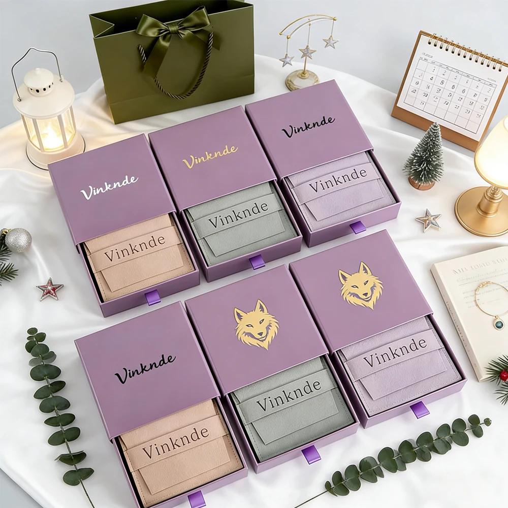

24/50/100Pcs Custom Logo 7x9x3cm Purple Paper Drawer Box Jewelry Necklace Ring Bracelet Earring Packaging Boxes With Bags Pouch