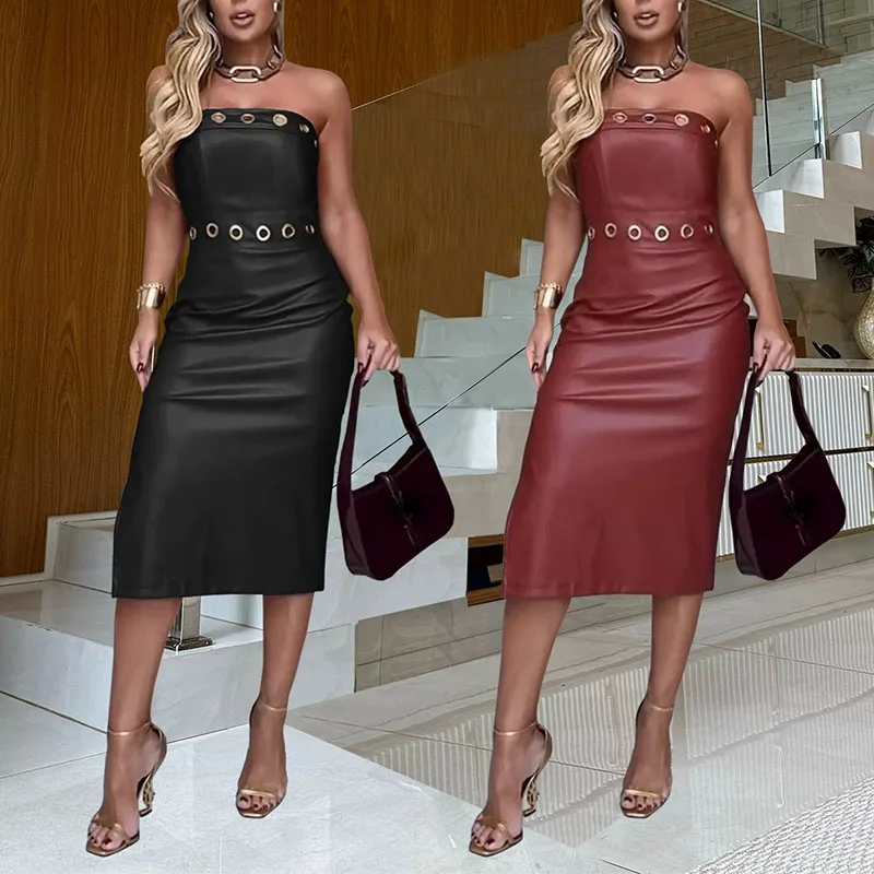 Vrouwen elegante gat decoratie effen kleur midi-jurk mode hoge taille feestjurk sexy strapless mouwloze wrap heupjurk