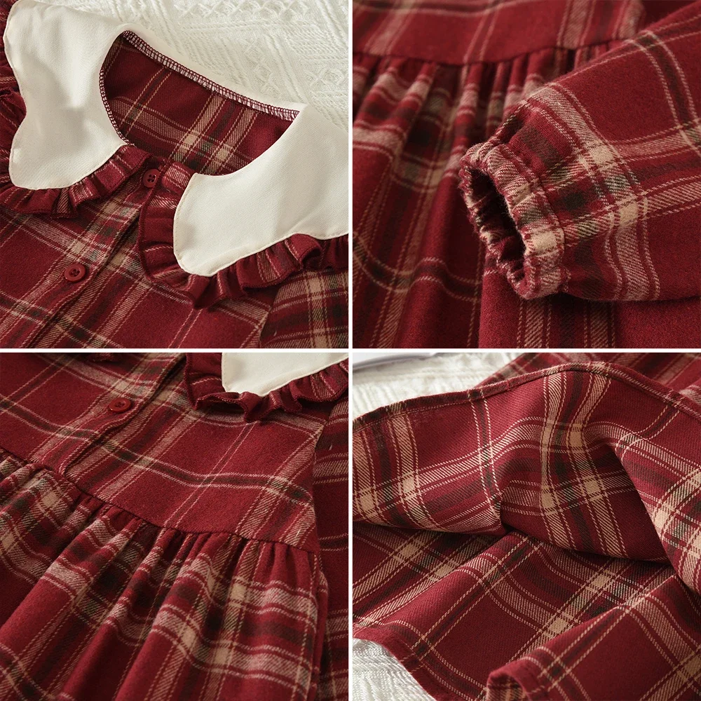 Bear Leader Koreanischer Stil Rot Kariertes Muster Herbst Mädchenkleider Weihnachten Kinderkleidung Farbblockiertes Revers Langarmkleid – Detail 10