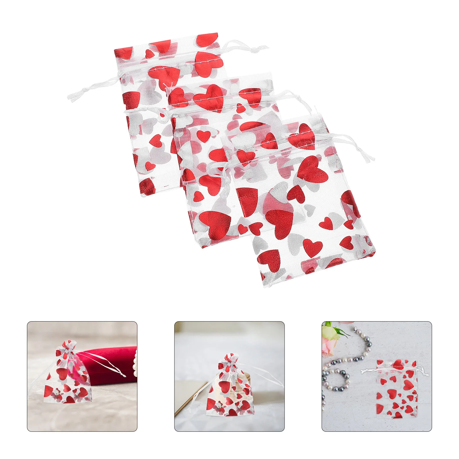 50 Pcs Gift Bag Mesh Drawstring Valentines Bags for Gifts Day Heart Storage Valentine's Candy Red Organza Valanetine Packaging