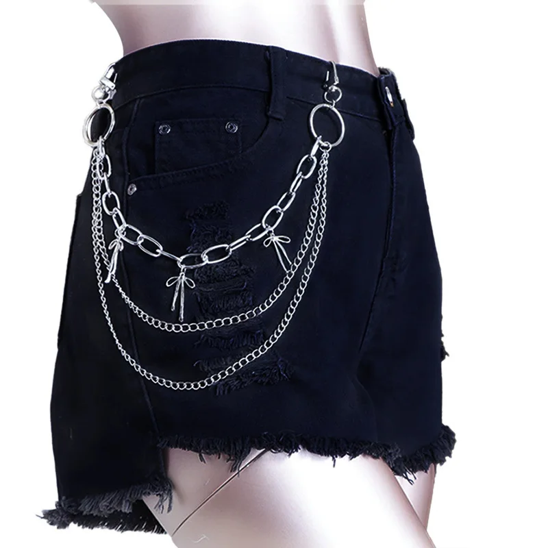 Multi‑Layer Bow Charm Pants Chain Silver Metal Waist Chain Sweet Gothic Y2K Style Jeans Keychain Harajuku Street Fashion