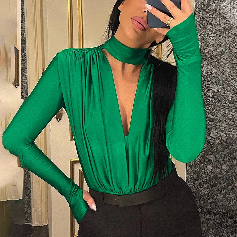 

Fashion V-neck Long Sleeve Bodysuits Rompers Women Elegant Skinny Jumpsuits Office Lady Sexy Slim Shapewear Overalls Tops Onesie
