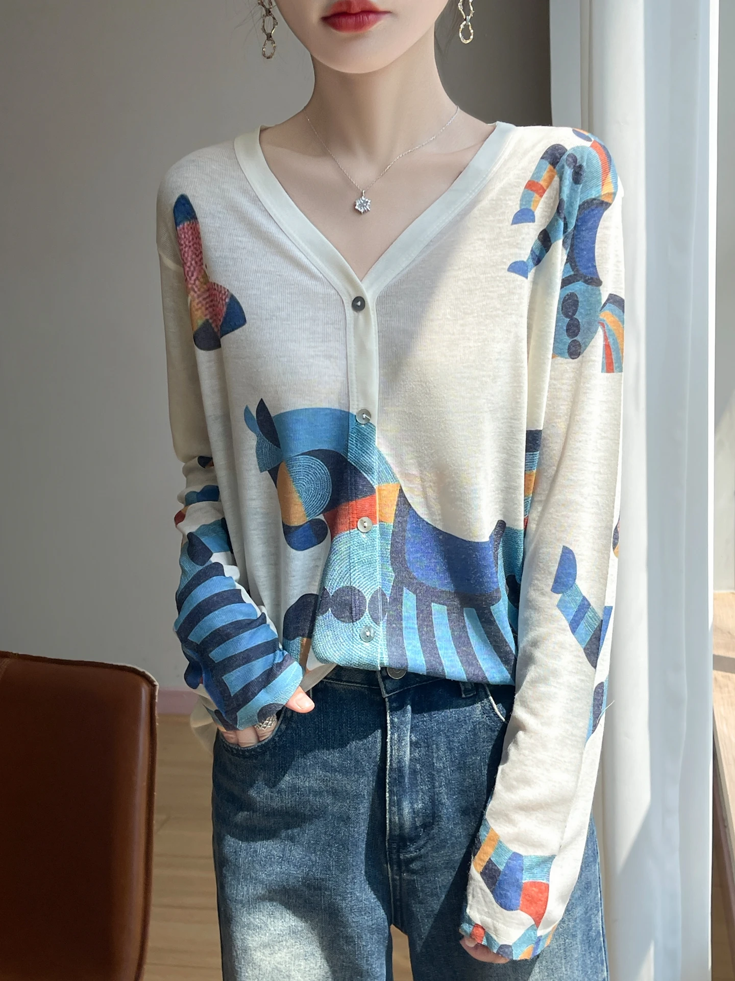 

Sun Protection Water Soluble Print Silk Loose Knitted Cardigan Long Sve Women's Casual Sle Air Conditioning Outerwear