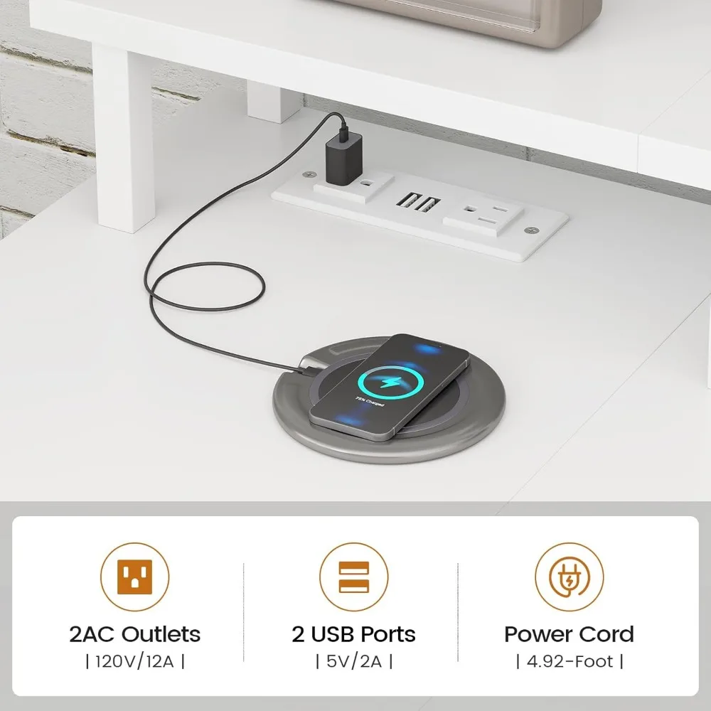 مكتب ألعاب على شكل حرف L مع أضواء LED ومنافذ طاقة و4 أدراج وأرفف تخزين - مكتب زاوية كمبيوتر مكتبي منزلي أبيض