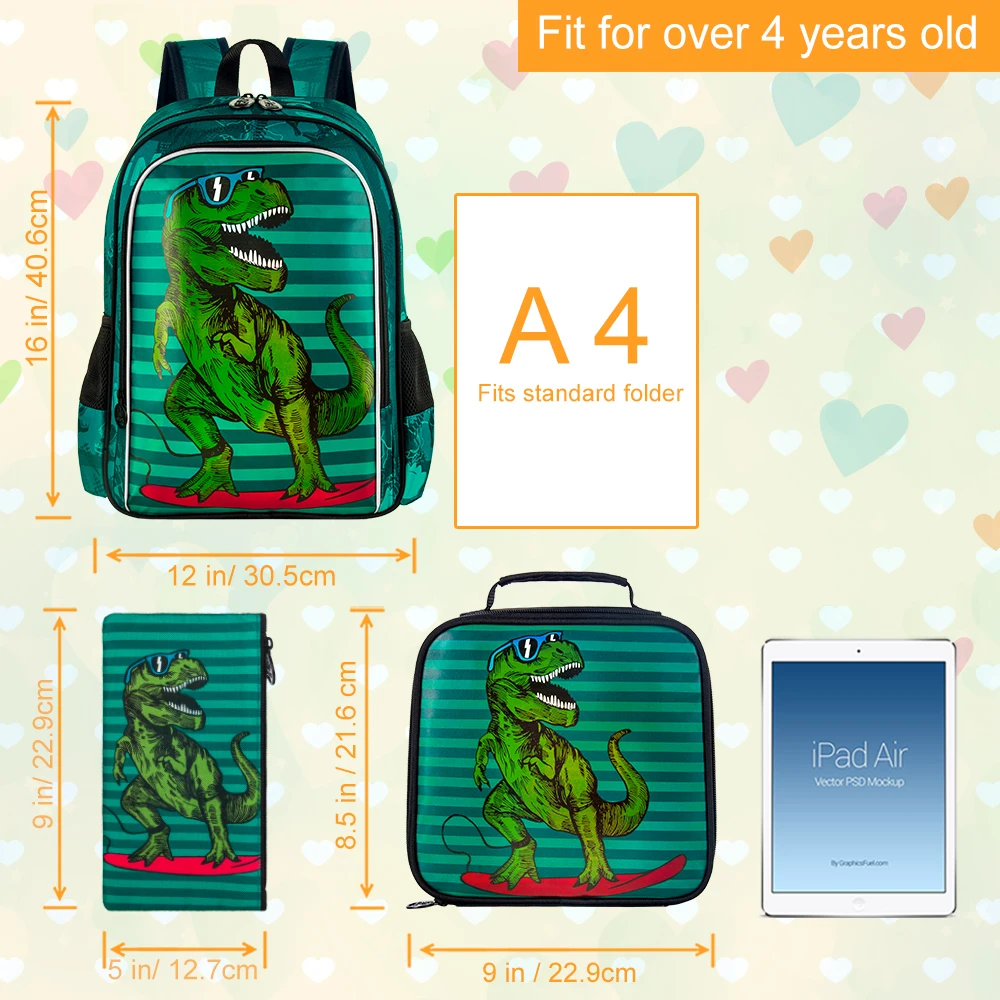 3PCS Dinosaur Backpack for Boys, 16\